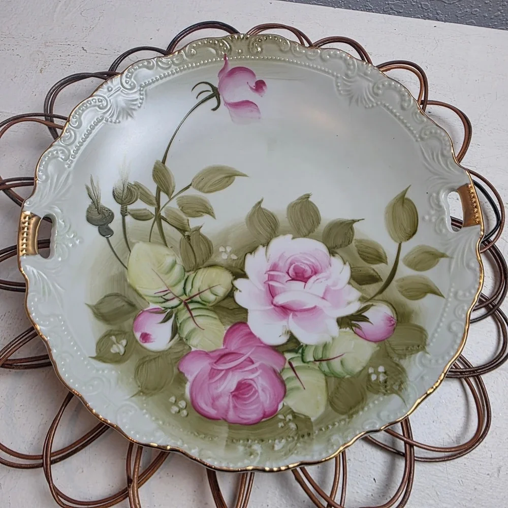 Antique Lefton Hand Painted Pink Rose Porcelain Cake Plate Gold Gilt Scallop Rim